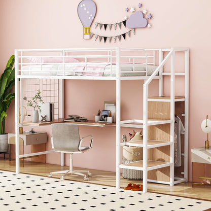 Loft Bed With Desk And Grid, Stylish Frame With Lateral Storage Ladder And Wardrobe
