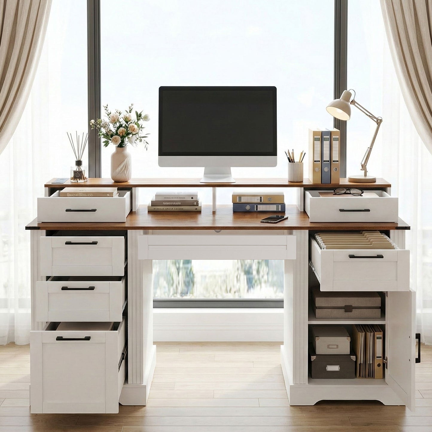 Office Desk With Charging Station & Storage Cabinet