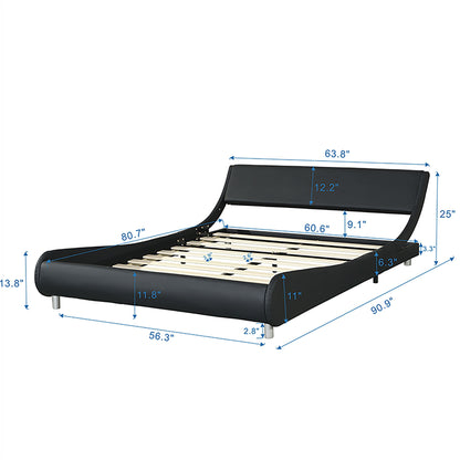Queen Size Upholstered Platform Bed Frame, LED Lighting With Remote Controller And App, Curve Design, Wood Slat Support, No Box Spring Needed - Black