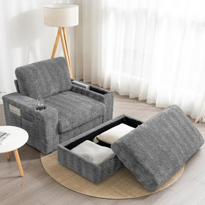 Oversized Chaise Lounge Indoor Rabbit Fur Sofa Bed With Storage Ottoman And Armrests Cup Holders With Deep Seat