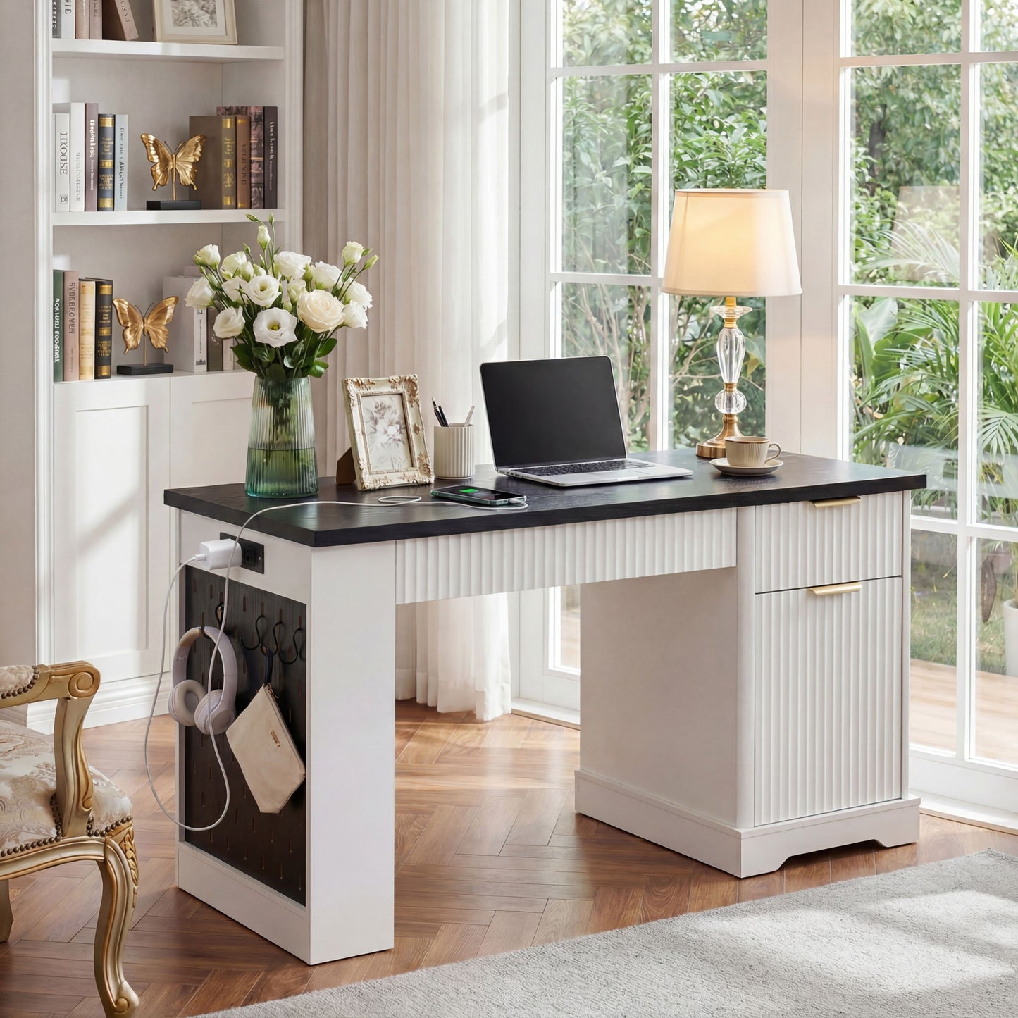 Modern Fluted Office Desk With Storage Cabinet