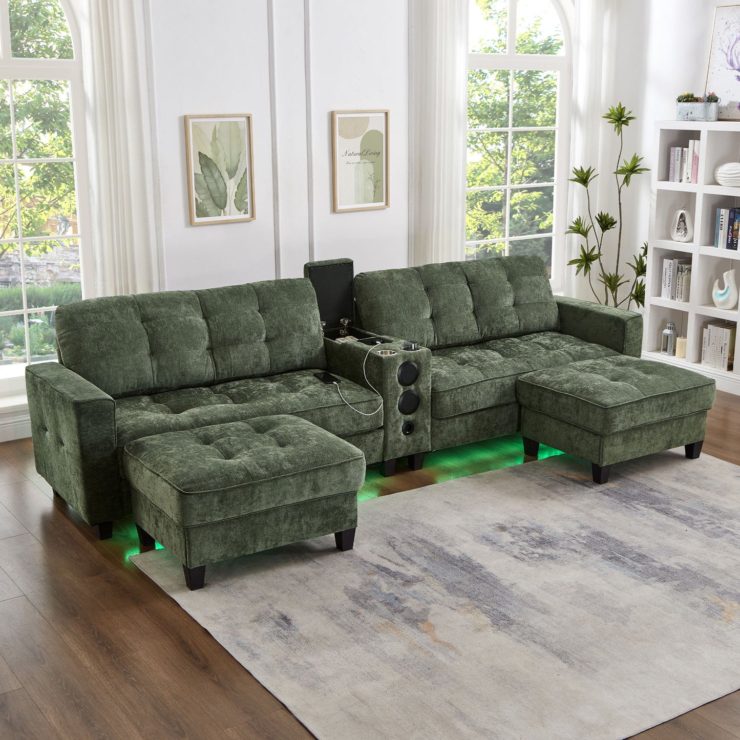 Modern Sectional Sofa U-Shaped With Movable Ottomans, tooth Speakers, LED Lights And Modular Storage