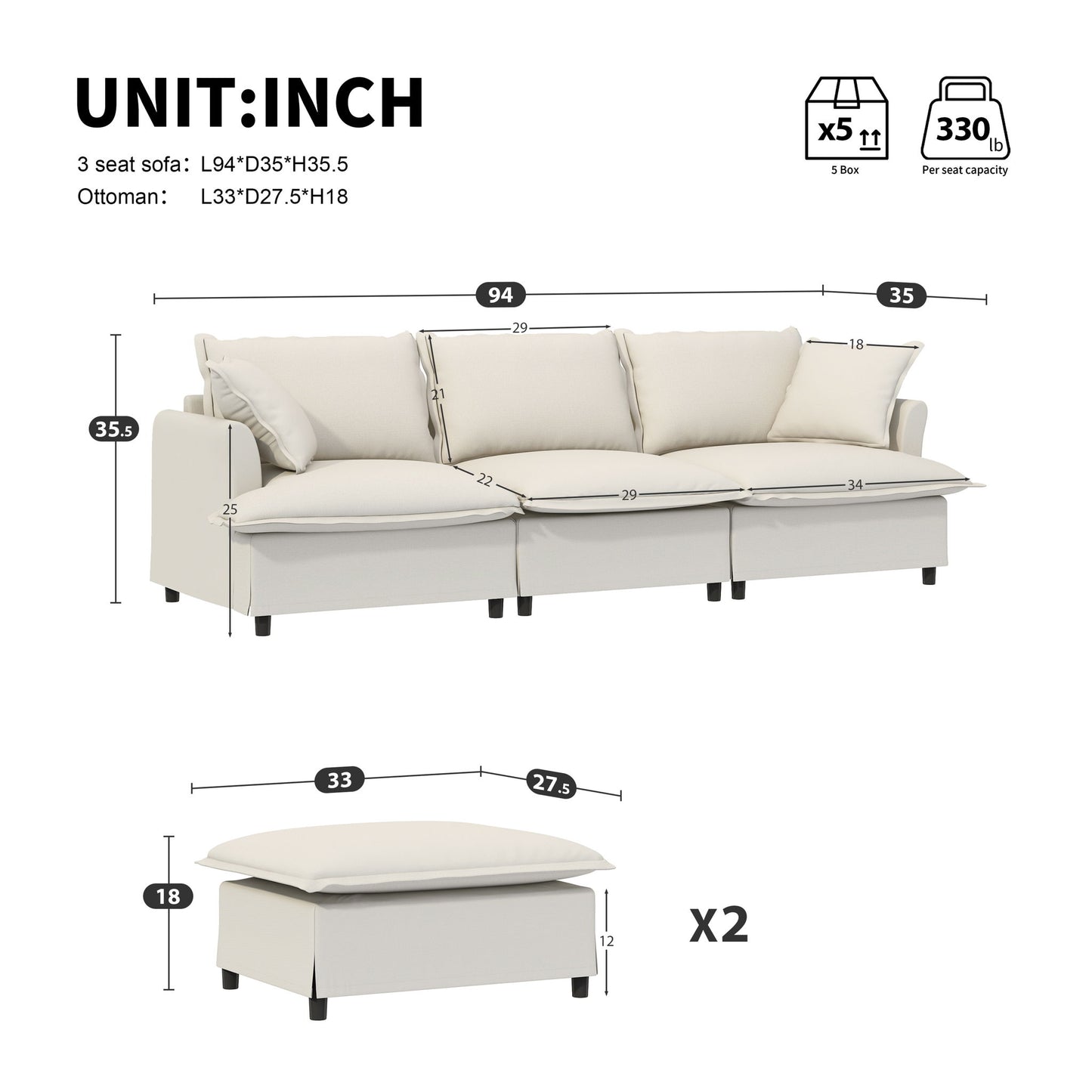 Sectional Sofa With Ottoman Cloud Couch Set With Throw Pillows, Free Combination