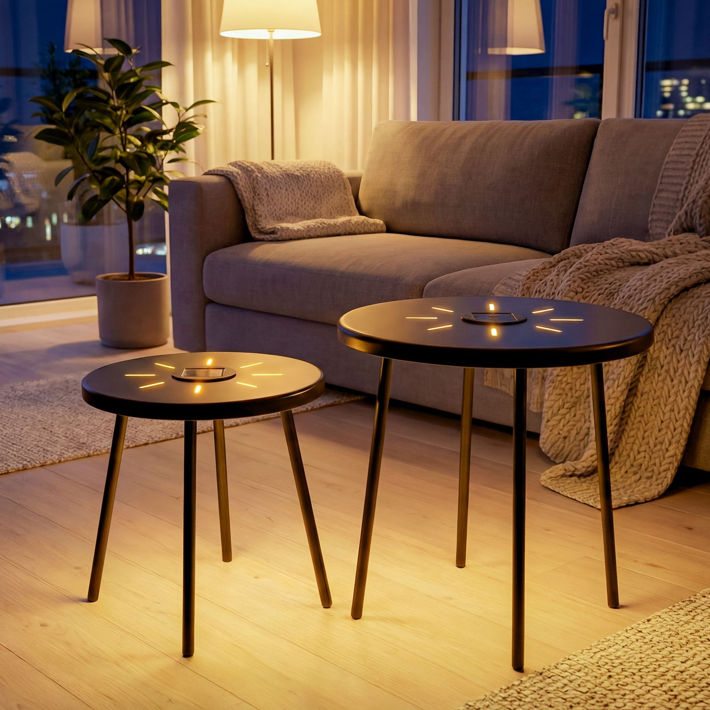 Solar Powered Side Table With LED Light, Outdoor / Indoor - Black