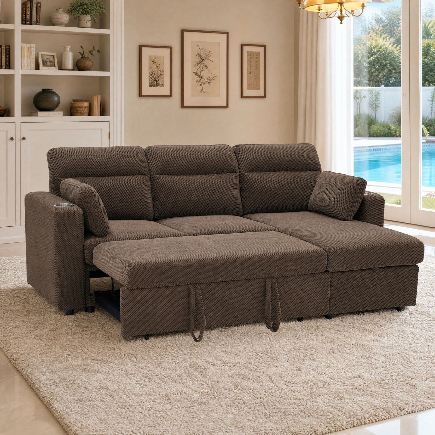 Convertible L - Shaped Sectional Sofa Bed With Storage Chaise, Cup Holders