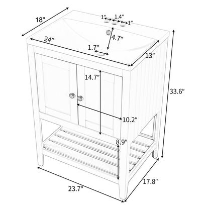 Modern Sleek Bathroom Vanity Elegant Ceramic Sink With Solid Wood Frame Open Style Shelf - White