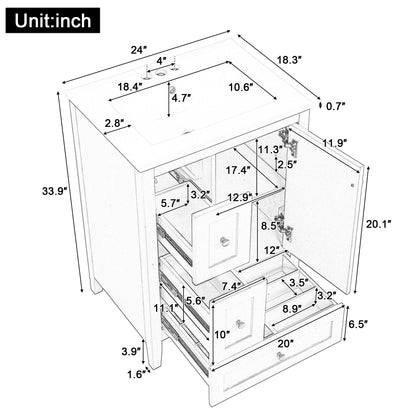 Bathroom Vanity With Storage, Adjustable Shelf, & Rubberwood, Removable Dividers - Glossy White