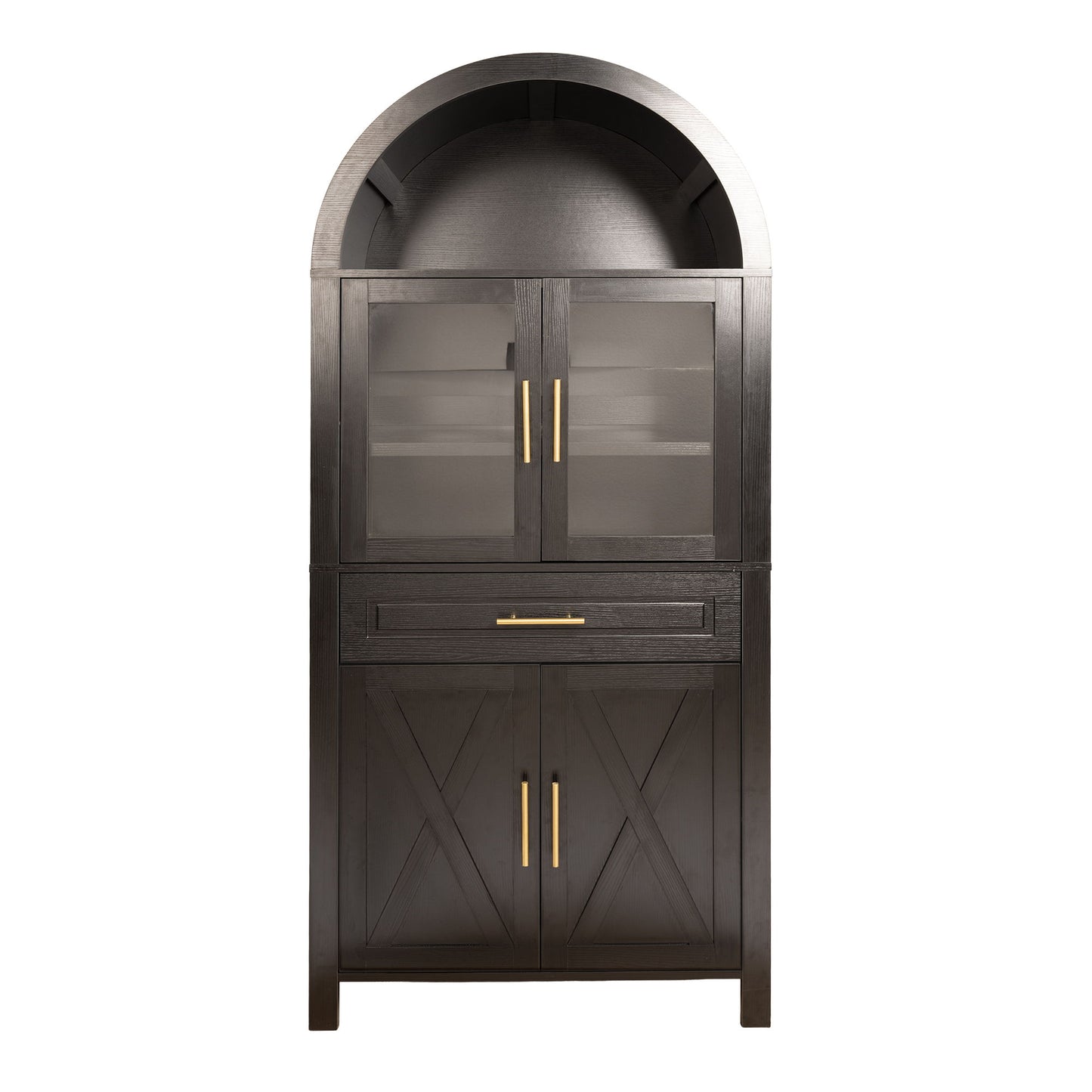 Arched Kitchen Pantry Cabinet With Adjustable Shelves And Barn Door Design