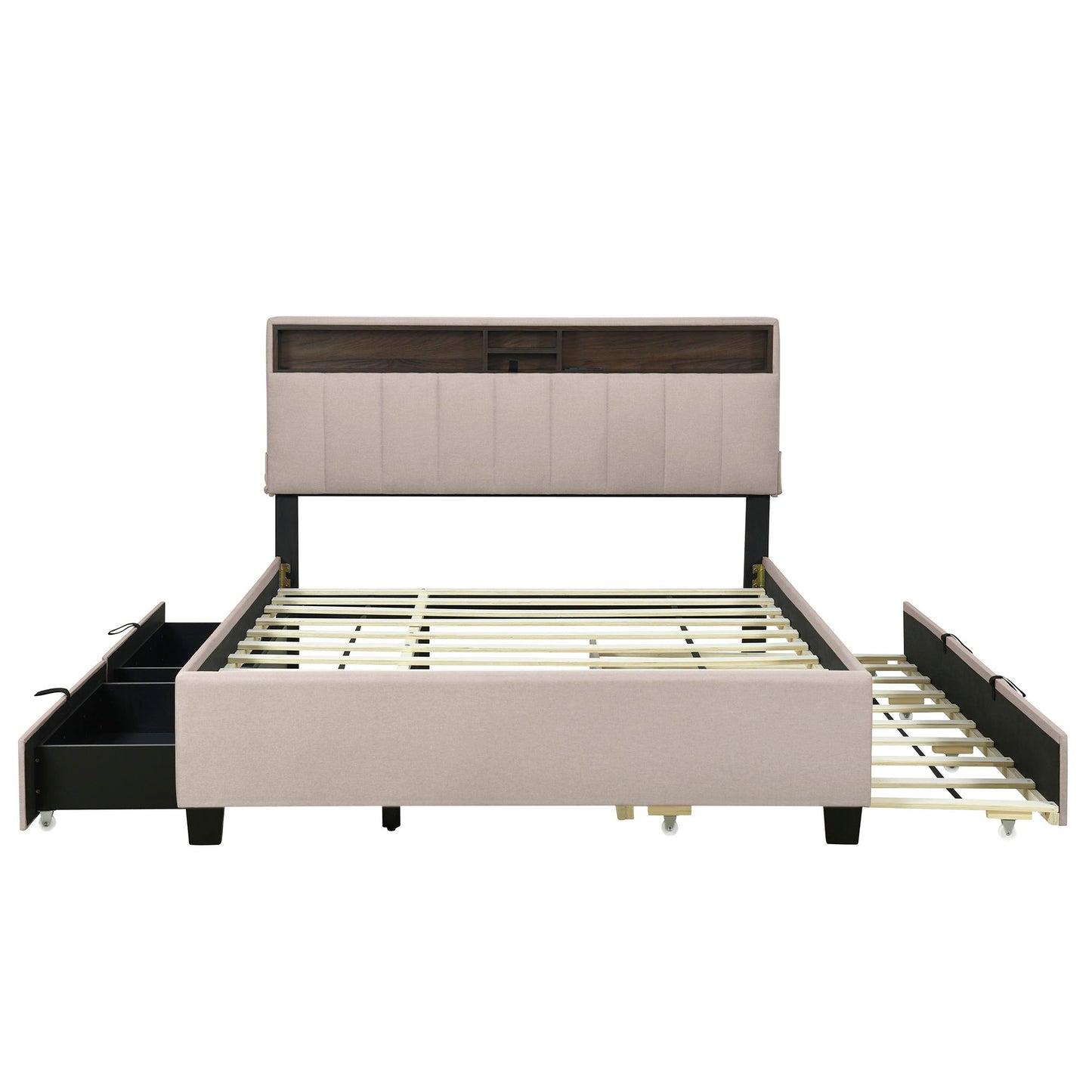 Upholstered Platform Bed With Storage Headboard, Trundle & 2 Drawers And A Set Of Sockets & USB Ports