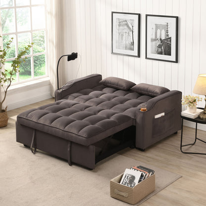 Modern Velvet Loveseat With Pullout Bed, Adjustable Reclining Backrest