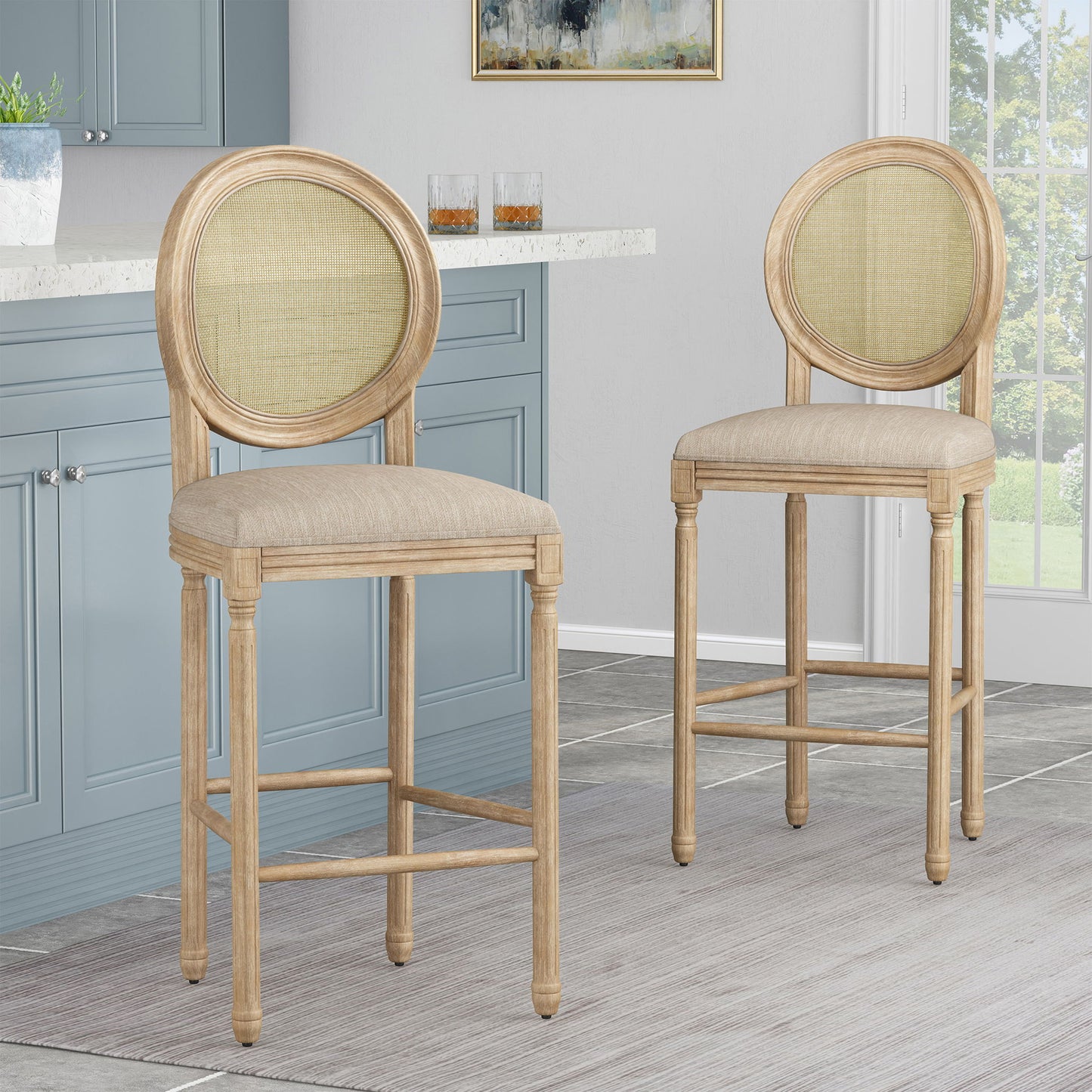 Country Chic Bar Stools (Set of 2) With Rattan Backrest And Upholstered Seat - Beige / Natural