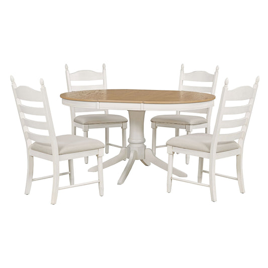 5 Piece Retro Functional Dining Table Set With Extendable Round Table And Upholstered Chairs