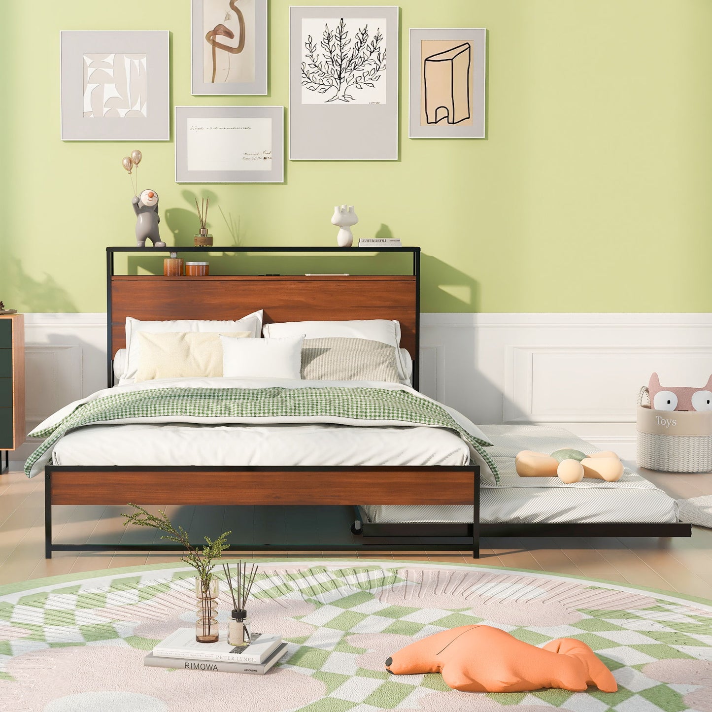 Platform Bed Frame With Trundle, USB Ports And Slat Support, No Box Spring Needed