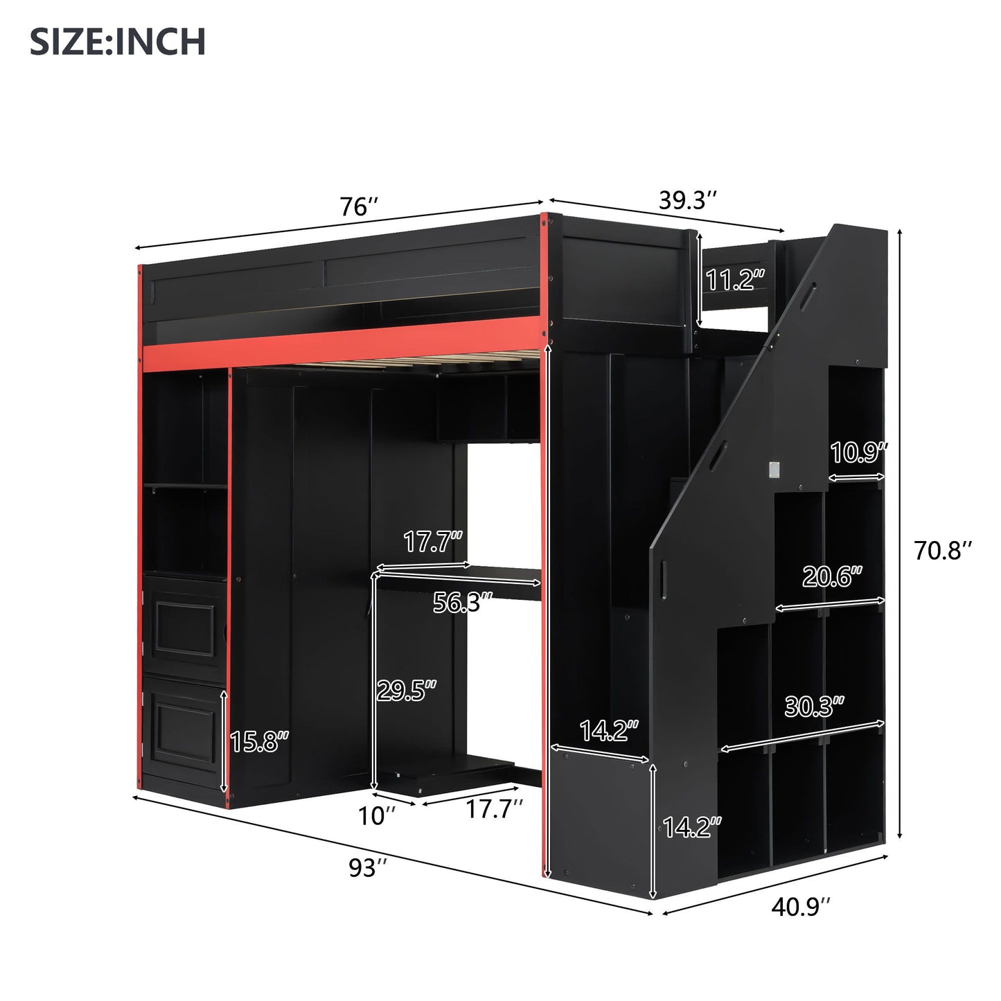 Gaming Loft Bed With Desk And Storage, LED Lights