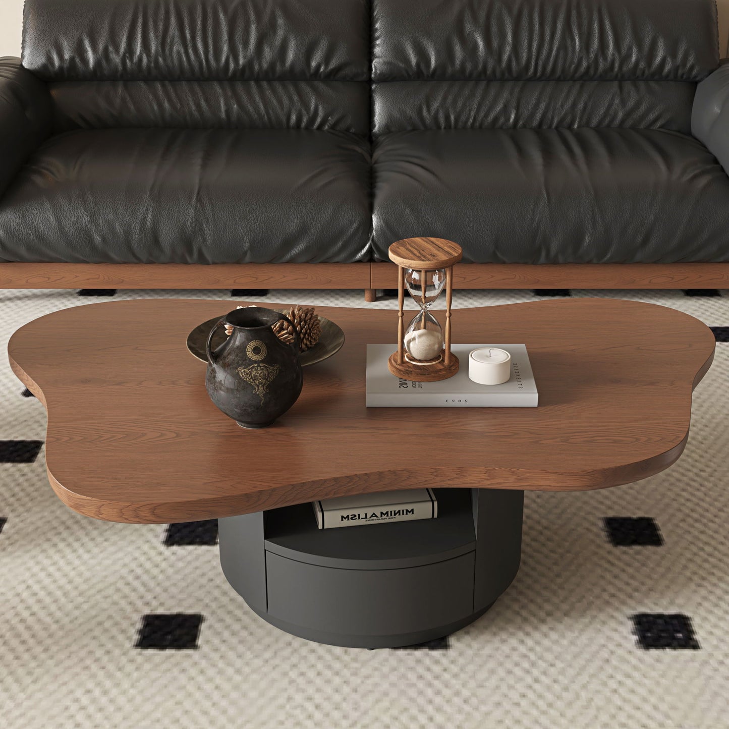 Cloud Coffee Table With 2 Drawers & Multi Layer Storage - Dark Walnut / Matt Black