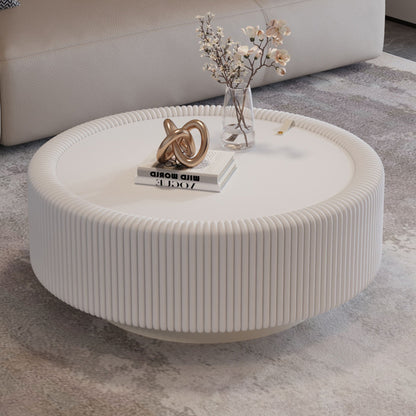 Round Fluted Coffee Table, Base & Hidden Storage - Snow White