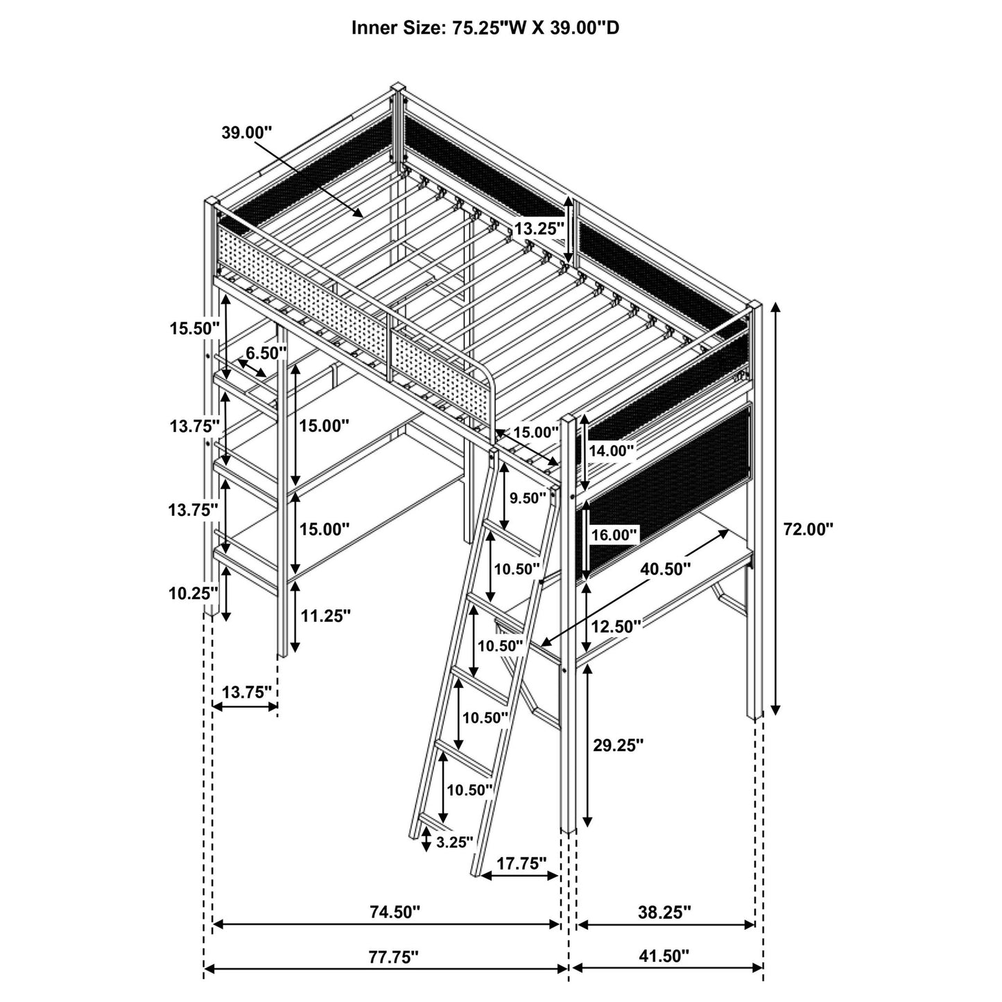 William - 3 Shelf Workstation Loft Bed With Built-In Desk And Storage