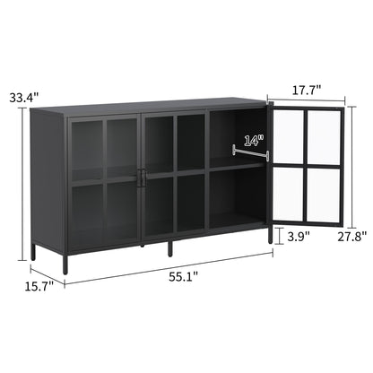Modern Heavy Duty Metal Sideboard Buffet Cabinet With Storage, Adjustable Feet, Glass Doors, Steel - Black