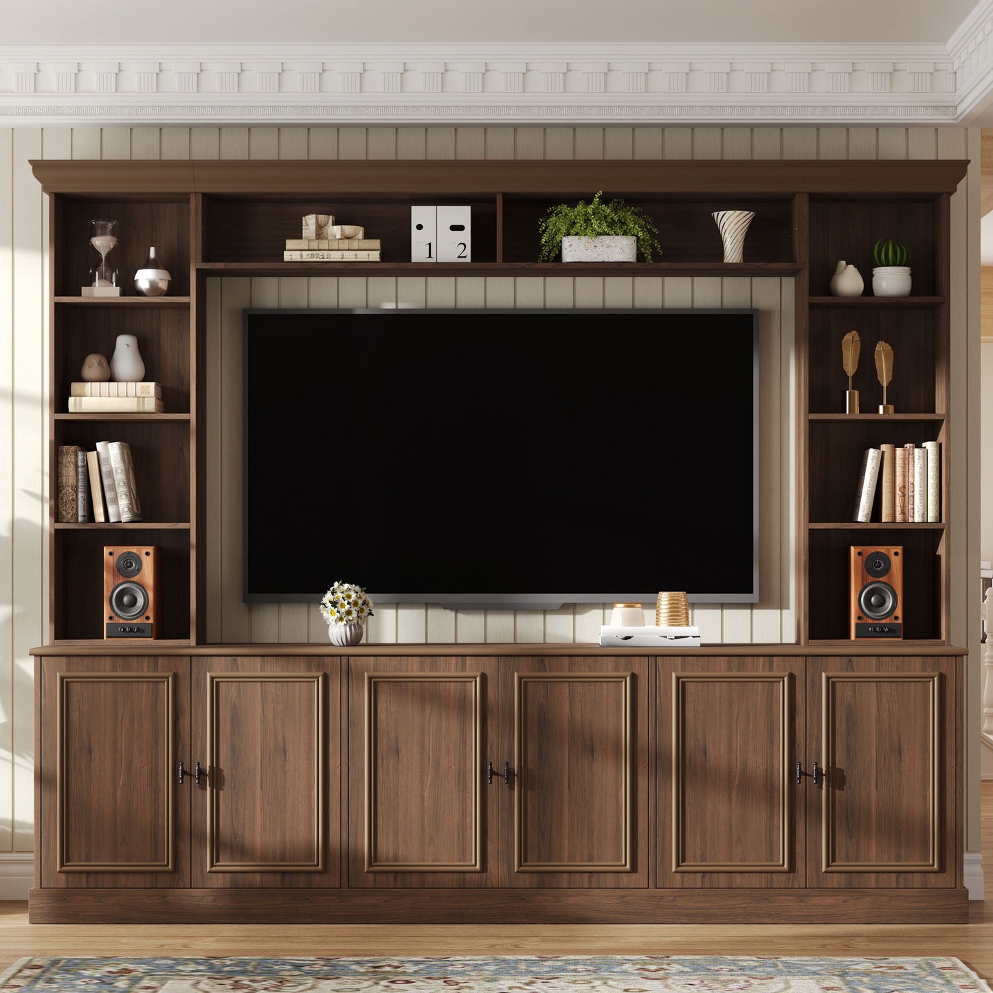 4 Piece Wall Unit Entertainment Center With Bookshelf, TV Stand With Adjustable Shelf For Living Room - Walnut