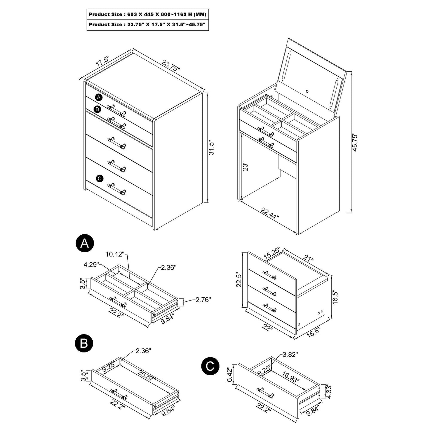 Ayuba - 3 Drawer Makeup Vanity Table With Mirror And Stool