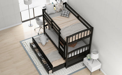 Twin Over Twin Wood Bunk Bed With Trundle And Drawers - Espresso