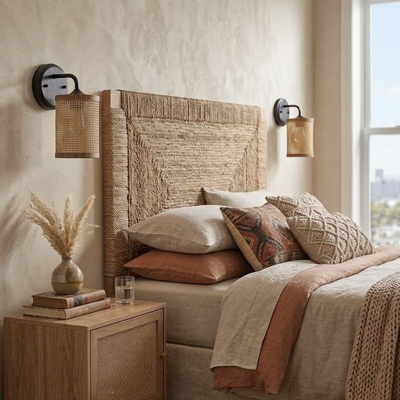 Reef - Single Lights Wall Sconce With Natural Shade Rustic Wicker Wall Light - Black / Rattan