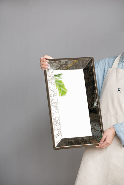 Antique Rectangle Mirror With Floral Accents, Mirrored Display Tray, Hanging Wall Mirror