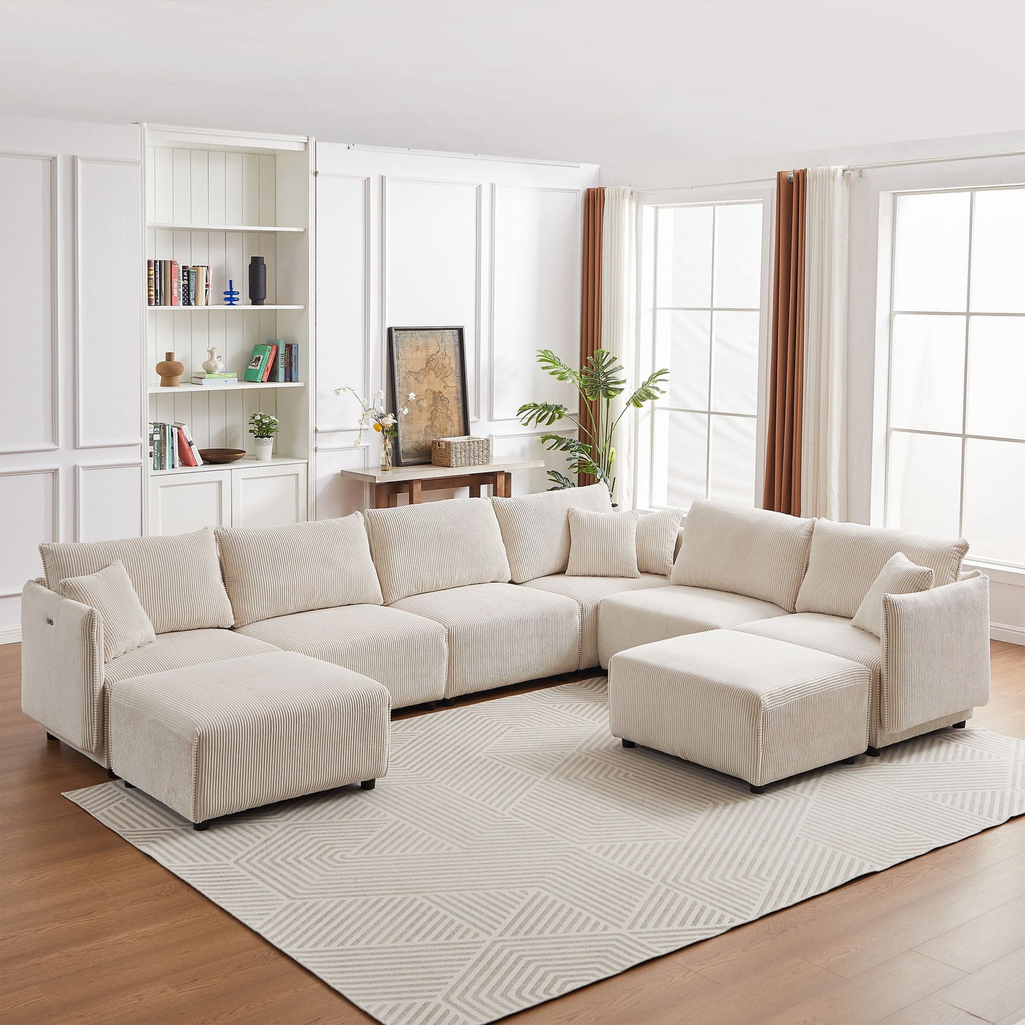 Modern Minimalist Corduroy Combination Sofa With 2 Comfort Cushions With USB & C Charging Ports