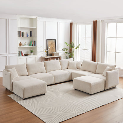 Modern Minimalist Corduroy Combination Sofa With 2 Comfort Cushions With USB & C Charging Ports