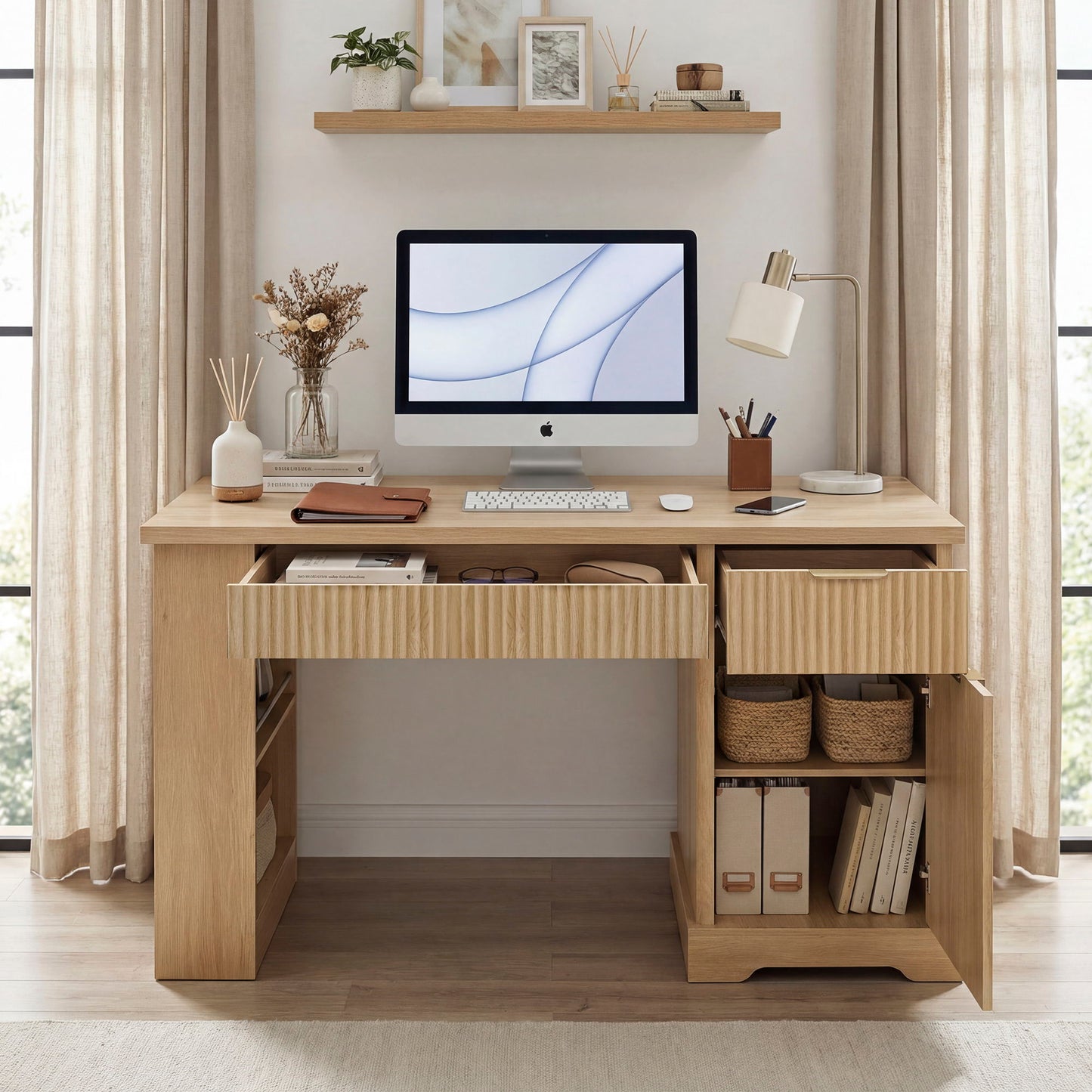 Modern Fluted Office Desk With Storage Cabinet
