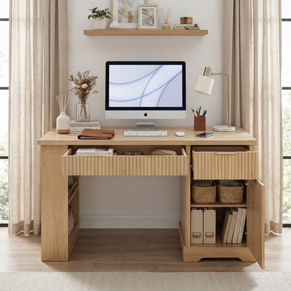 Modern Fluted Office Desk With Storage Cabinet