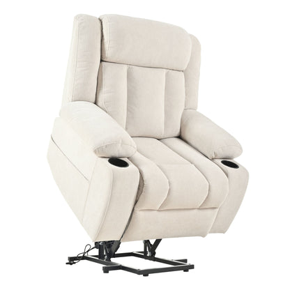 Power Lift Recliner Chair With Extended Footrest, Remote Control, Cup Holders, And Side Pockets