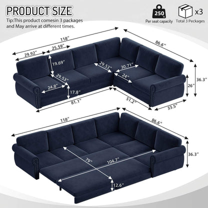 L-Shaped Sofa Couch With Pull Out Bed With Nailhead Trim & Rolled Arm