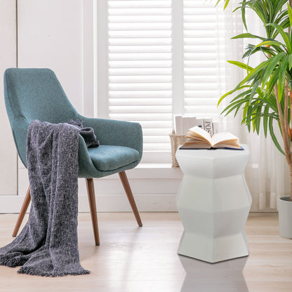 Contemporary Ceramic Drum Stool Indoor / Outdoor Side Table Glazed Accent Garden Stool - White
