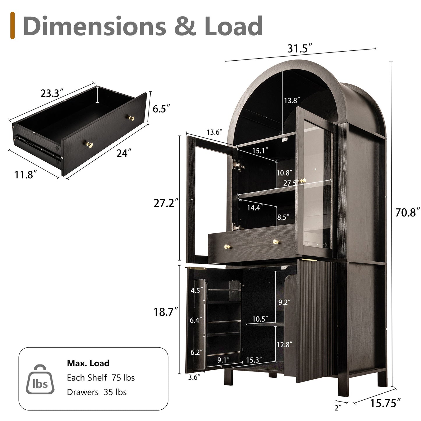 Fluted Tall Arched Pantry Cabinet With Adjustable Shelves
