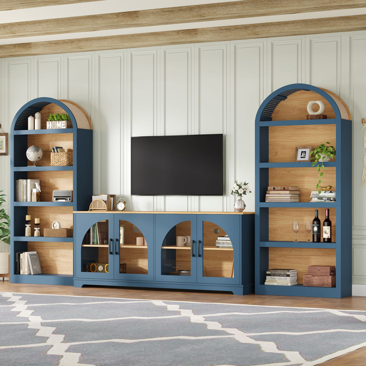 3 Piece TV Stand Set With Bookshel, Entertainment Center With Arched Design