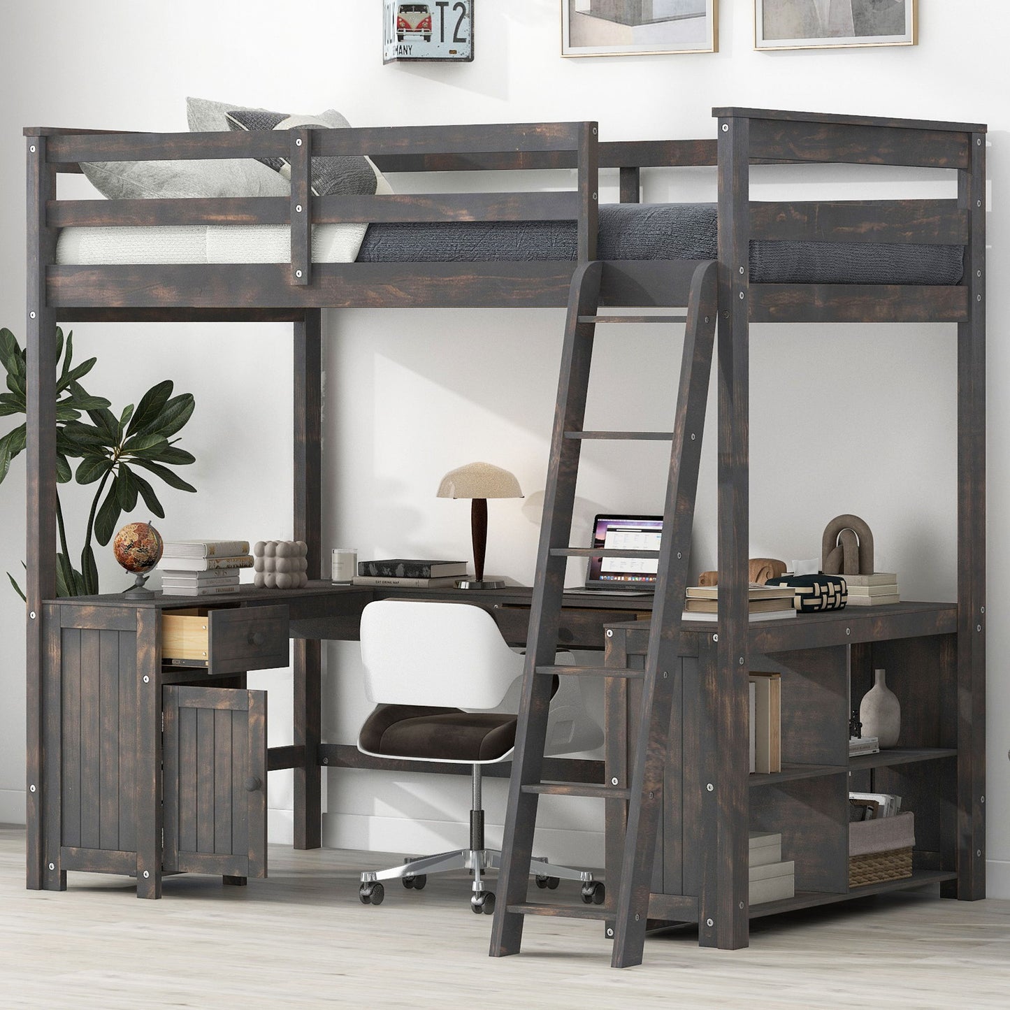 Loft Bed With U-Shaped Desk, Drawers, And Storage Shelves