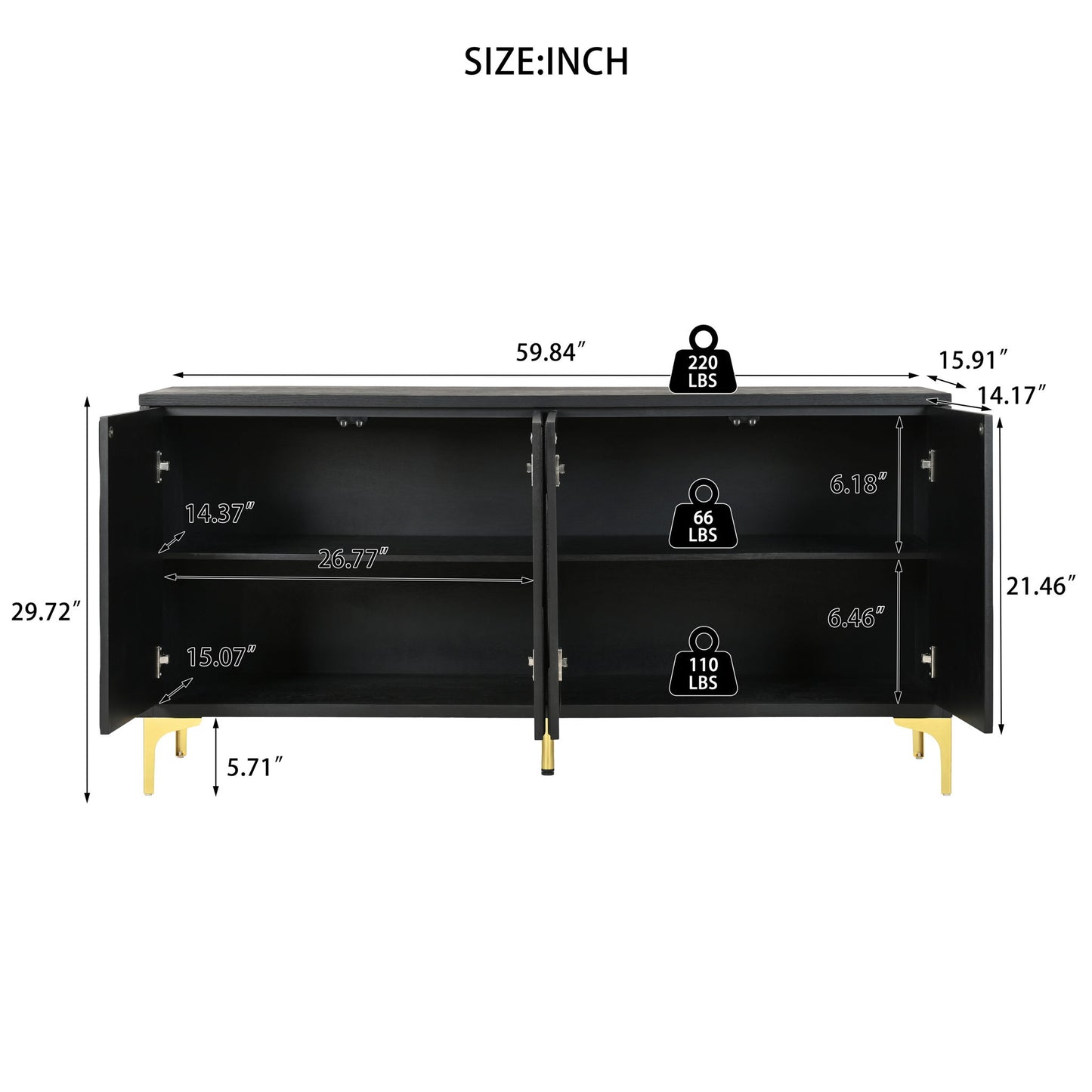 Modern Sideboard Buffet Cabinet With Handleless Press To Open Design With 4 Doors