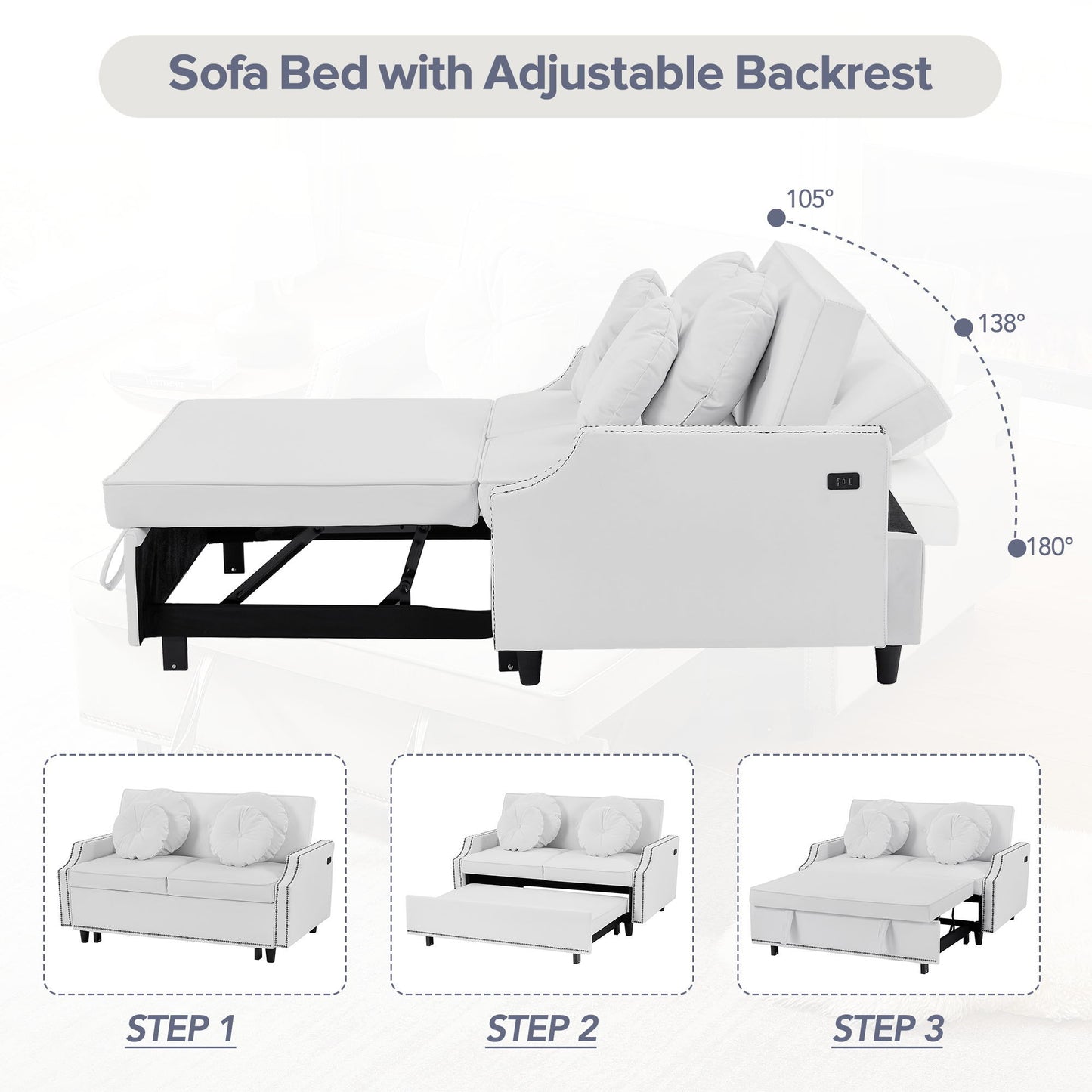 Multiple Adjustable Positions Sofa Bed Stylish Sofa Bed With A Button Tufted Backrest, Two USB Ports And Four Floral Lumbar Pillows For Living Room, Bedroom, Or Small Space