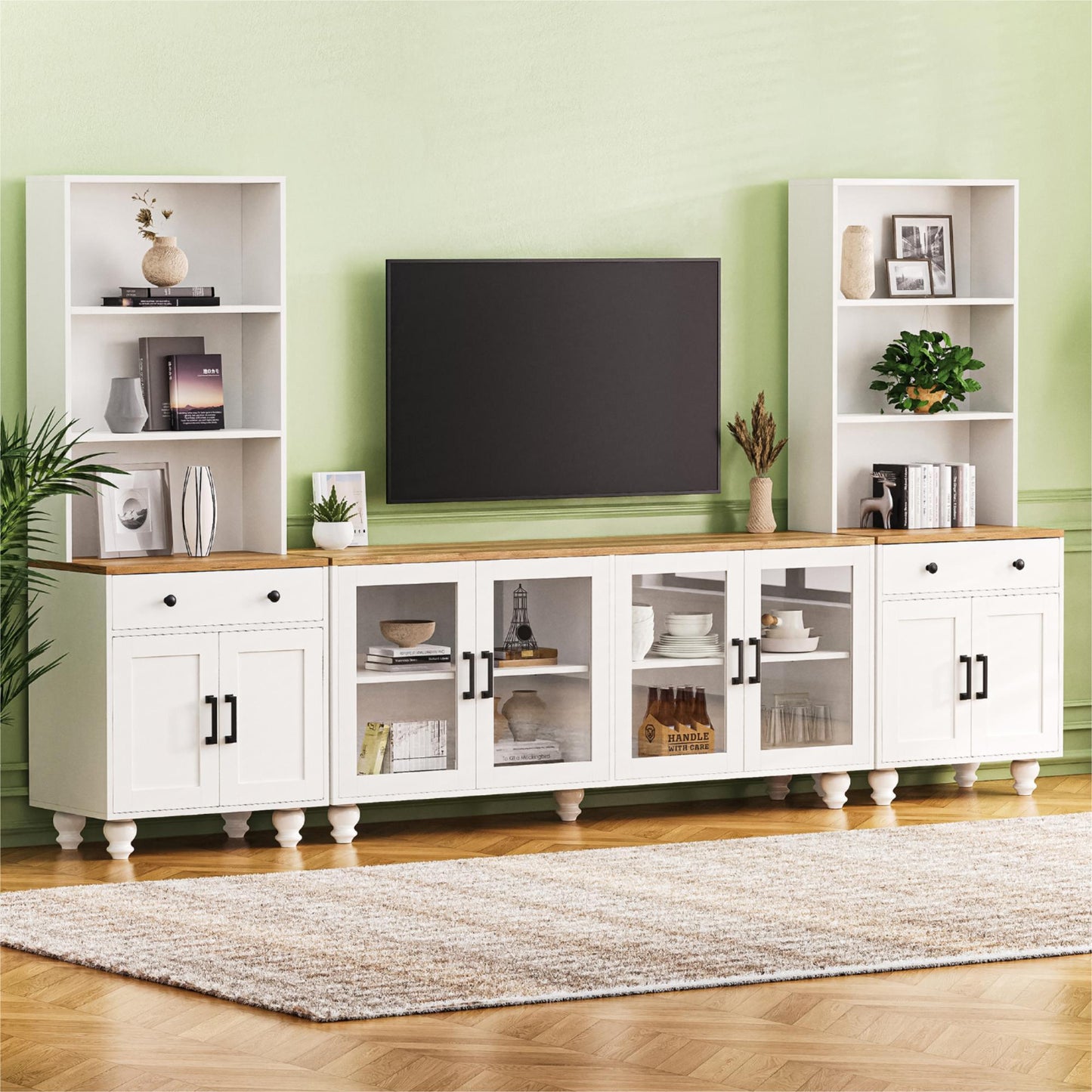 Farmhouse TV Stand With Solid Wood Gourd Shaped Legs For TVs Up To 70"