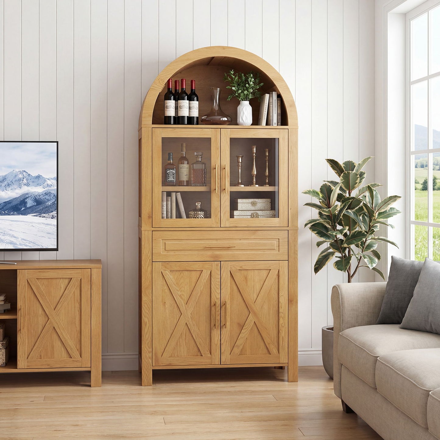 Arched Kitchen Pantry Cabinet With Adjustable Shelves And Barn Door Design