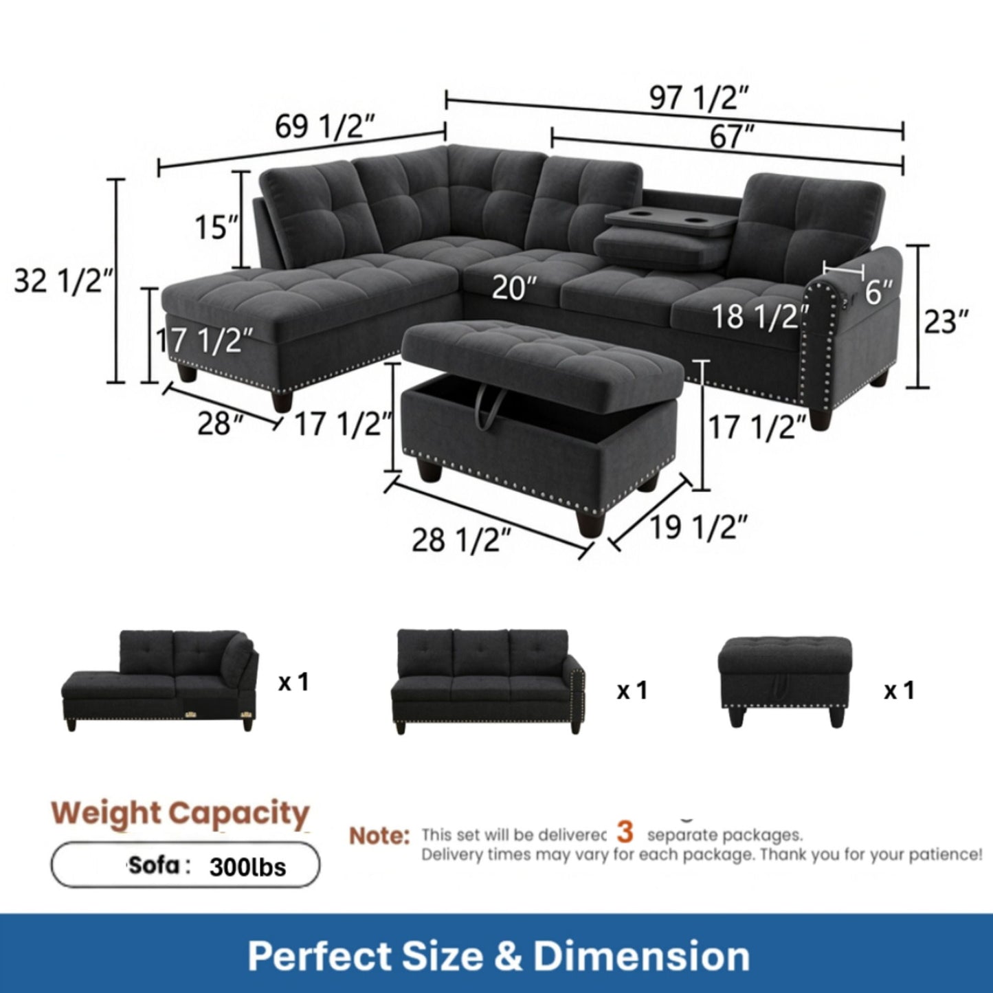 L - Shaped 3 Piece Sectional Sofa With Chaise, Storage Ottoman & Cup Holders