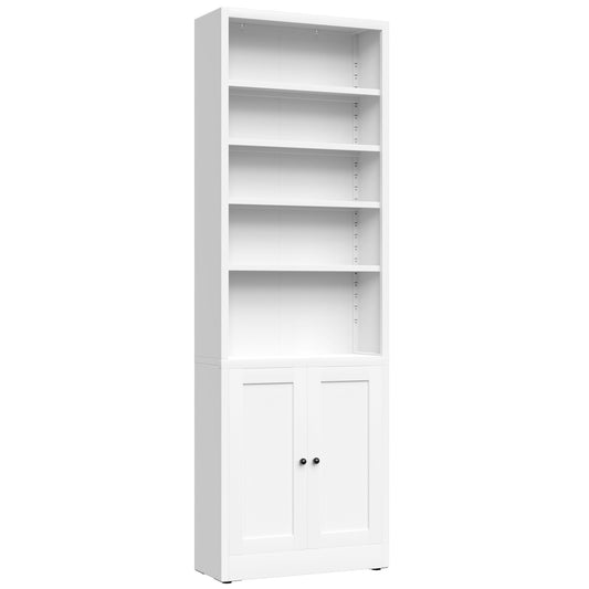 Bookcase Tall 5-Tier Adjustable Storage Shelf With Door Deep - White