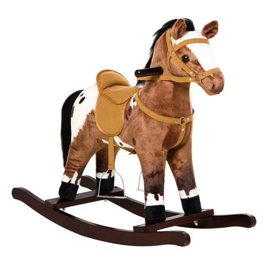 Qaba - Kids Metal Plush Ride-On Rocking Horse Chair Toy With Realistic Sounds - Dark Brown / White