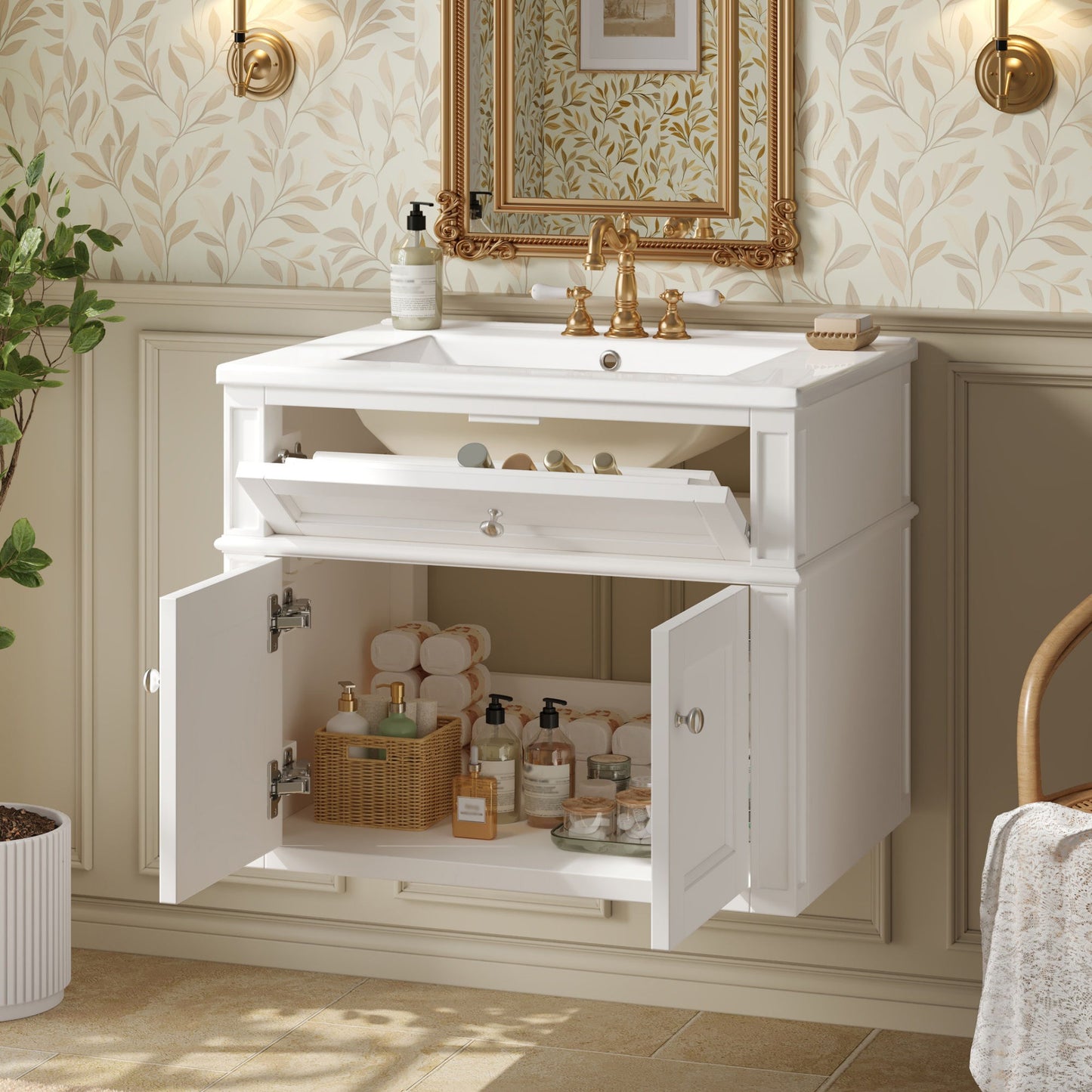 Wall Mounted Bathroom Vanity With Tip Out Drawer And Open Back Design