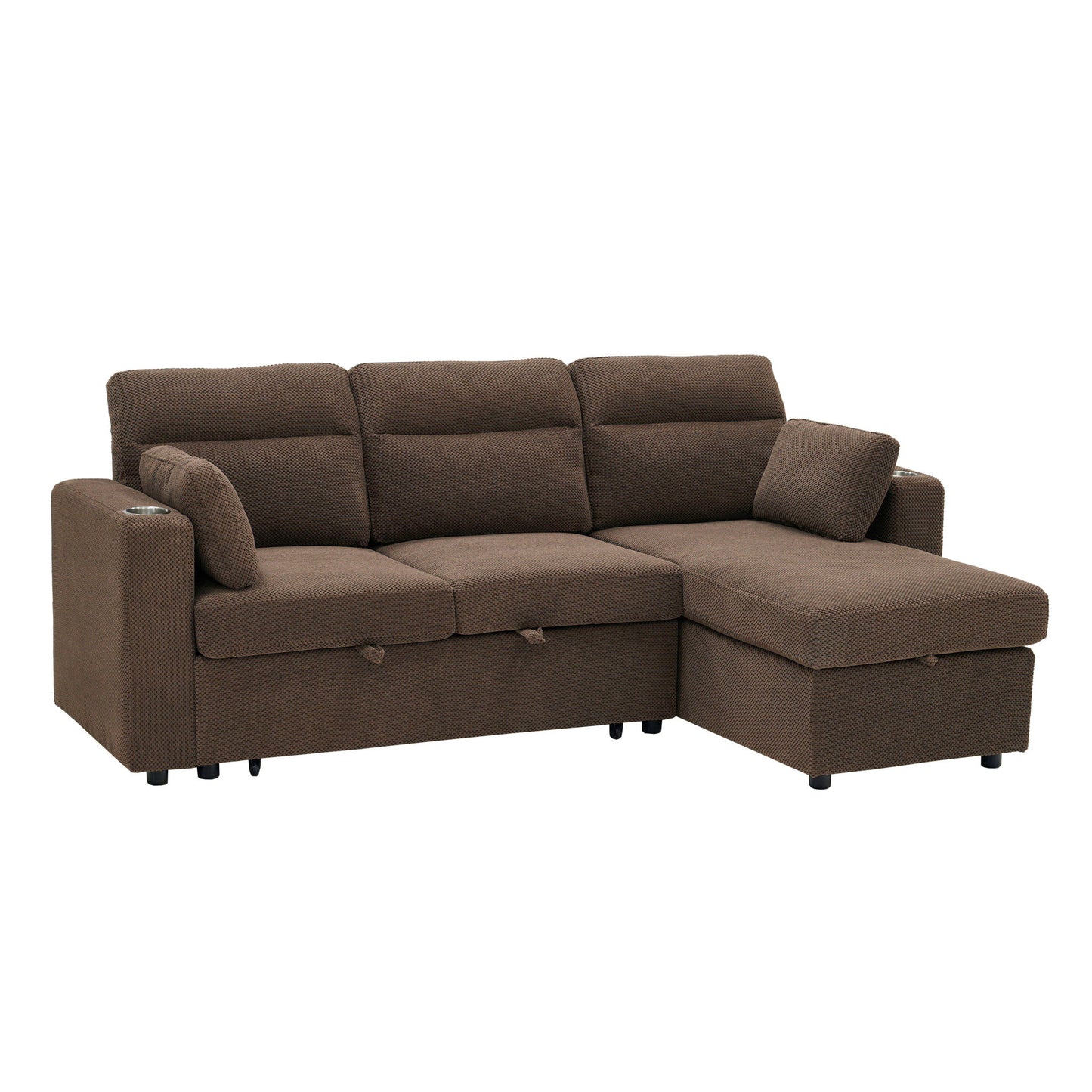 Convertible L - Shaped Sectional Sofa Bed With Storage Chaise, Cup Holders