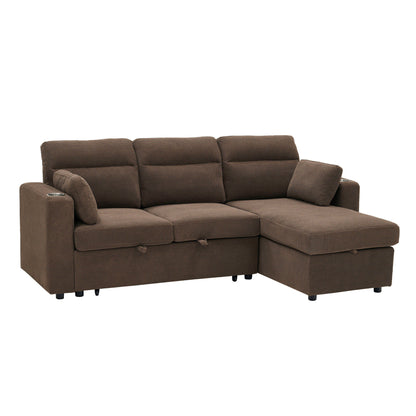 Convertible L - Shaped Sectional Sofa Bed With Storage Chaise, Cup Holders