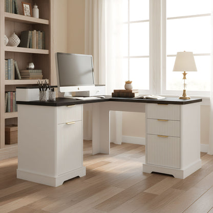 Fluted L-Shaped Desk With Charging Station & Storage Cabinet
