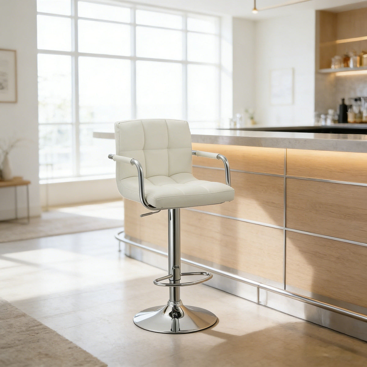 Adjustable Swivel Arm Bar Stool With Cushion - White