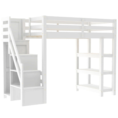 Loft Bed With 4 Layer Shelves, Storage Staircase, Small Wardrobe And LED Light